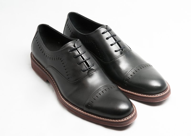 LMdH hand-painted calfskin leather cushion outsole Capetou carved Oxford shoes-black - รองเท้าอ็อกฟอร์ดผู้ชาย - หนังแท้ สีดำ