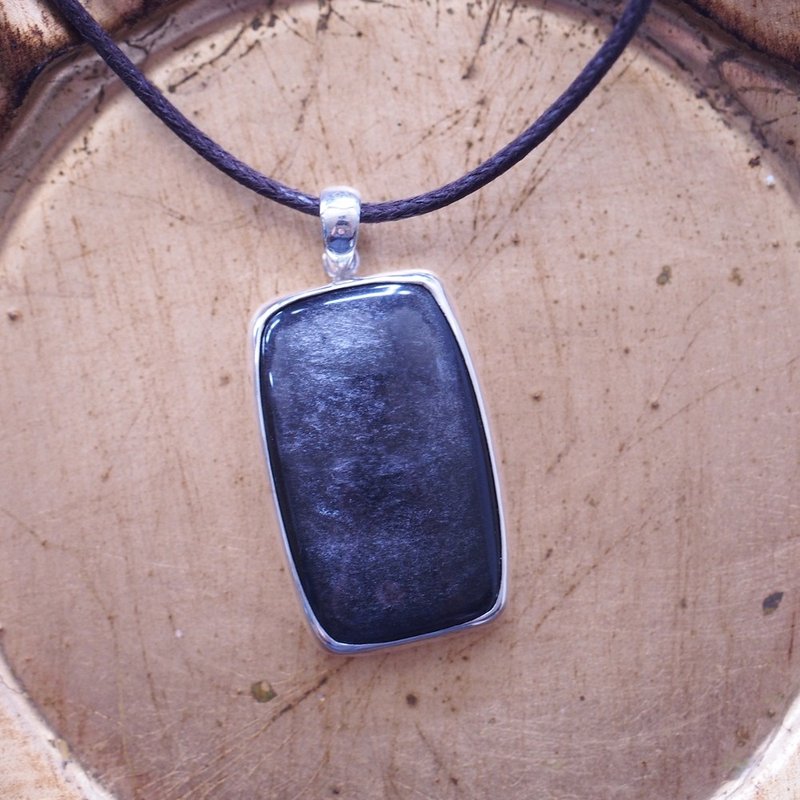 大顆銀曜石 手工純銀 項鍊 辟邪寶石 男生 Silver Sheen Obsidian - 項鍊 - 半寶石 銀色