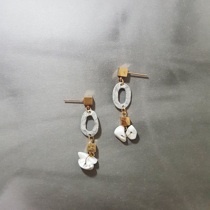 大理石紋幾何結構/天然石/手作耳環/耳針/earrings(可改夾式耳環) - 耳環/耳夾/耳骨夾 - 黏土 灰色