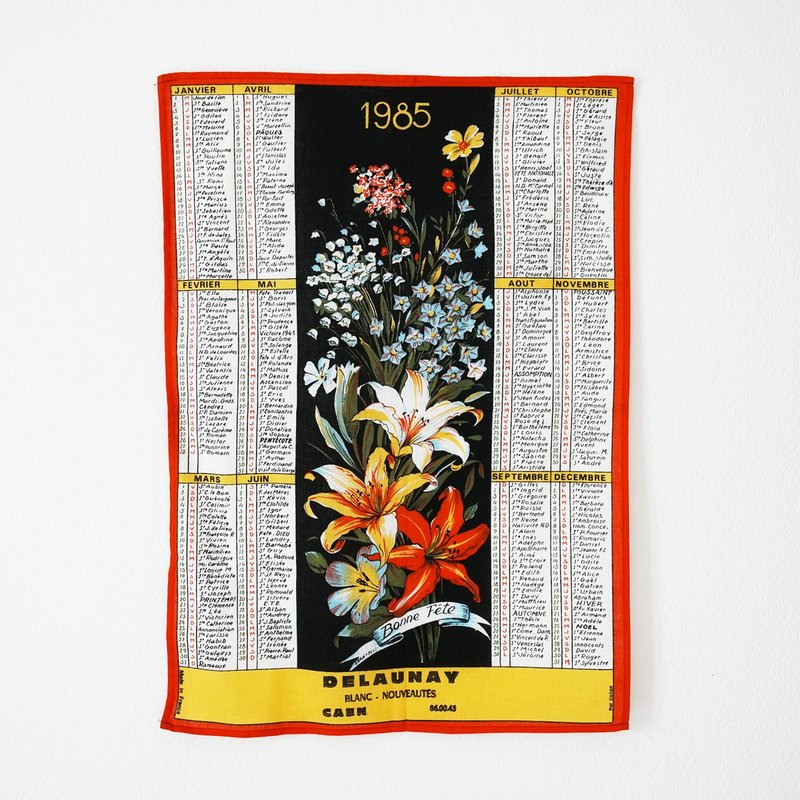 1985年 法國復古花圖案 日曆 茶巾 - 海報/掛畫/掛布 - 棉．麻 黑色