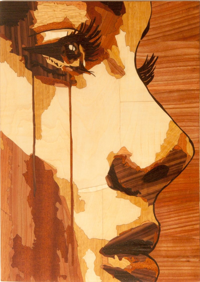 Girl portrait inlay wood art framed wall home decor modern style wood panel - 壁貼/牆壁裝飾 - 木頭 橘色