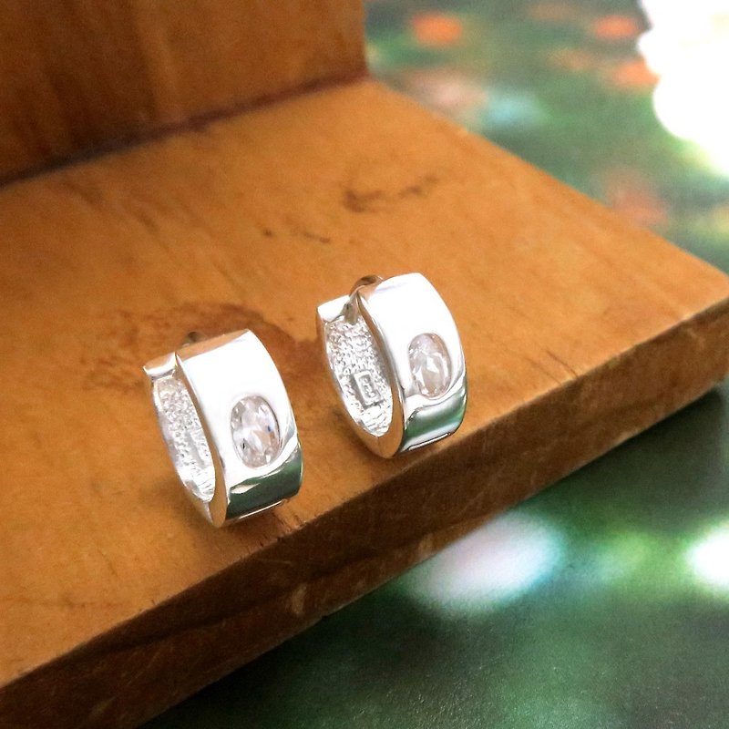 Easy clasp/hoop earrings single oval zirconium square wire round easy clasp sterling silver earrings-ART64 - Earrings & Clip-ons - Sterling Silver Silver