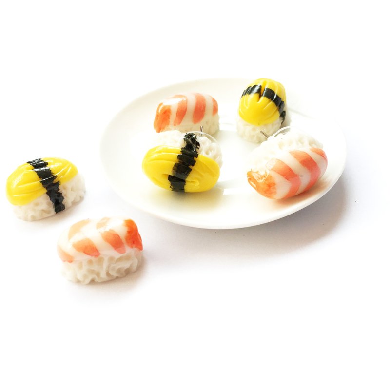 Earrings, shrimp sushi + egg rolls - 耳環/耳夾/耳骨夾 - 黏土 黃色