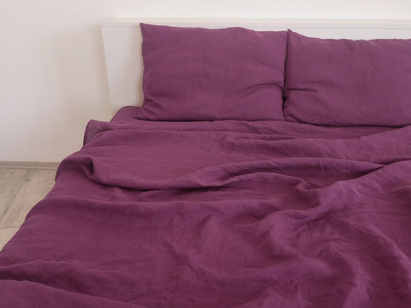 Burgundy linen sheet set / Flat+fitted sheet+2 pillowcases / Purple bedding - 寢具/床包 - 亞麻 紫色