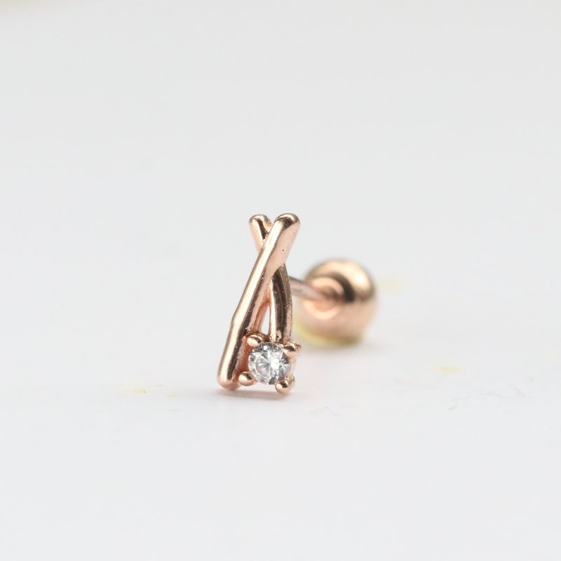 14K cross diamond bead earrings (single) ear bone and ear socket will not fade - ต่างหู - เครื่องประดับ สีทอง