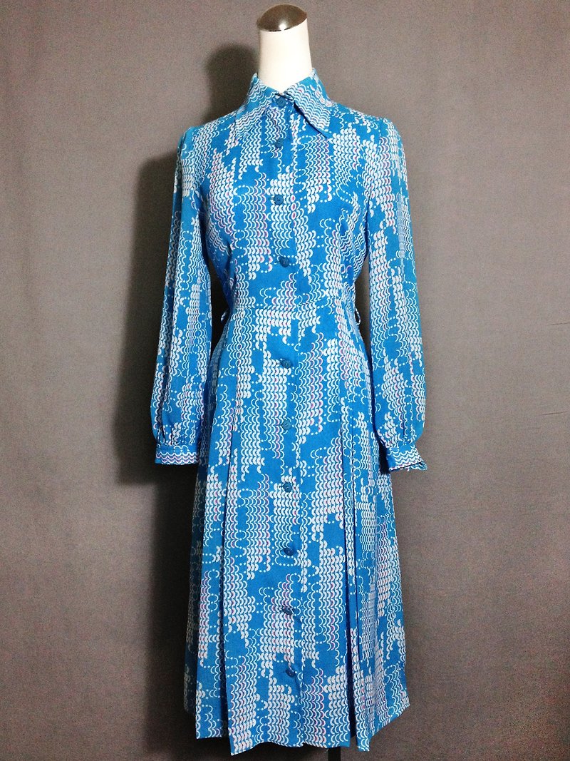 Ping-pong ancient [ancient costume / water blue retro totem chiffon long-sleeved ancient dress] abroad back VINTAGE - One Piece Dresses - Polyester Blue
