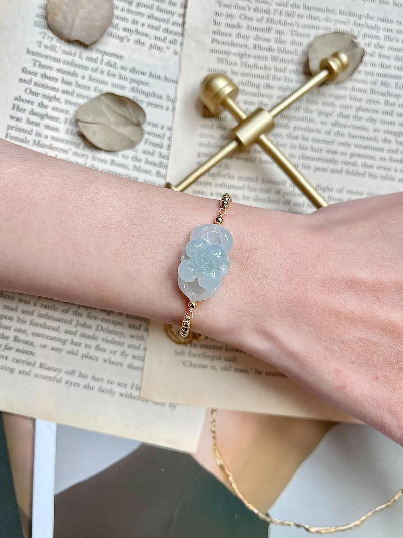 Gao Bingqing floating lotus jadeite 14k gold-plated bracelet jewelry | natural Burmese jadeite - สร้อยข้อมือ - หยก สีทอง