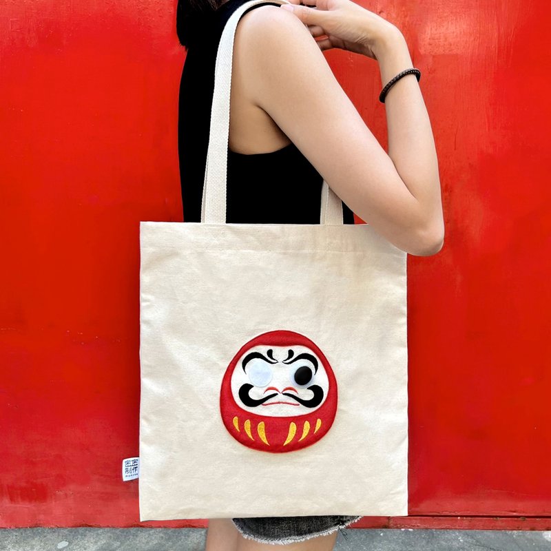 [Pattern is not printing] Make a wish with Bodhidharma, close your eyes, canvas bag - กระเป๋าแมสเซนเจอร์ - ผ้าฝ้าย/ผ้าลินิน สีกากี