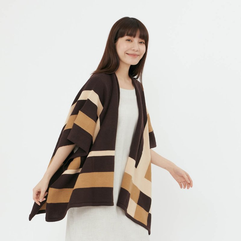 Ann Wool Blend Color Block Poncho Shawl/ Brown - ニット・セーター - ウール ブラウン