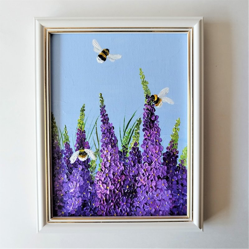 Unique Acrylic Painting - Bumblebee Wildflowers Artwork for Home Decor - ตกแต่งผนัง - อะคริลิค หลากหลายสี