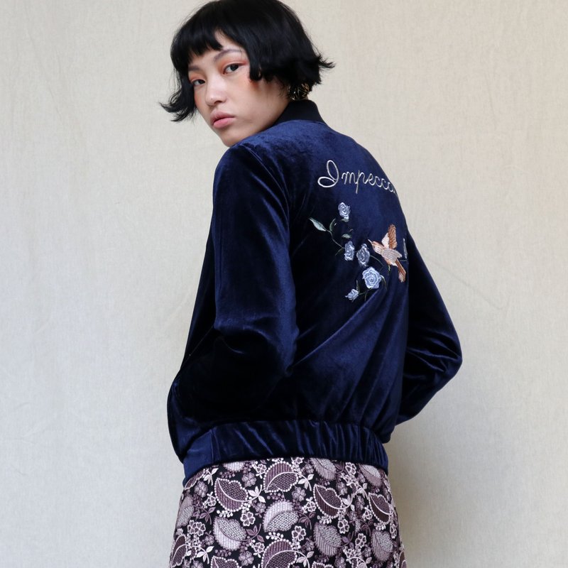 南瓜Vintage。古著 深藍 刺繡 絨面 外套 - 女大衣/外套 - 其他材質 藍色