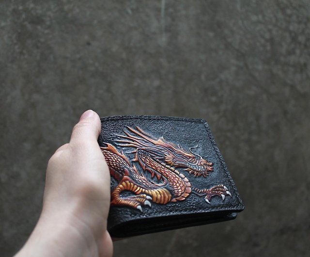 Leather wallet with Chinese dragon, carved bifold purse, mens