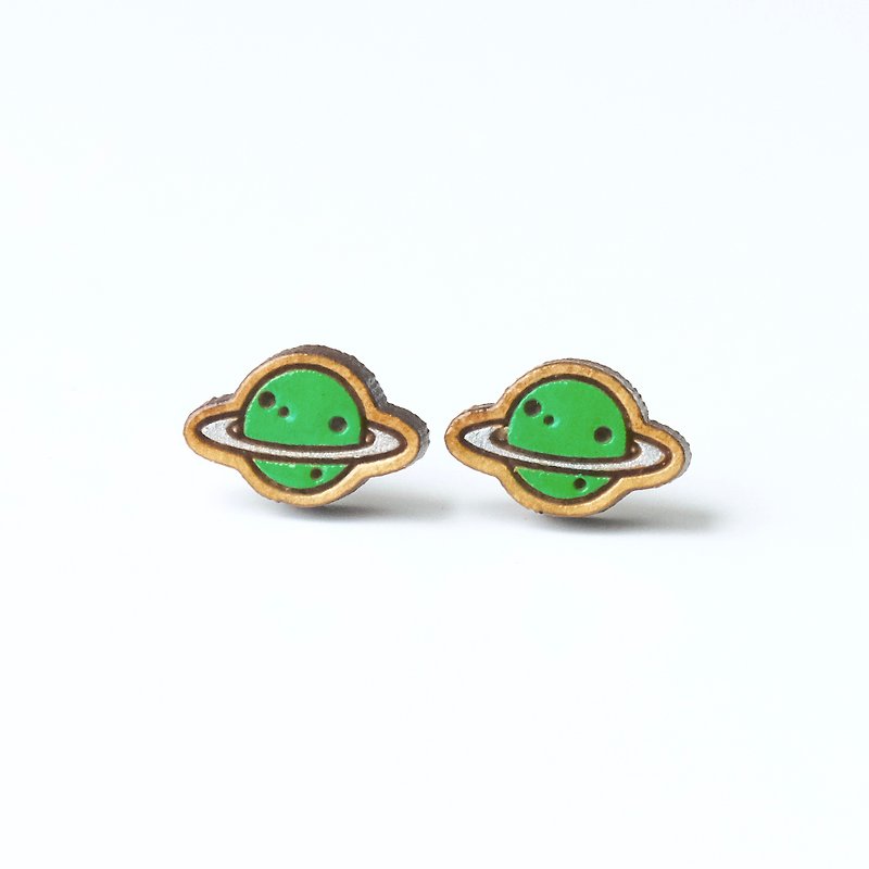 Painted wood earrings-Planet (green) - Earrings & Clip-ons - Wood Green