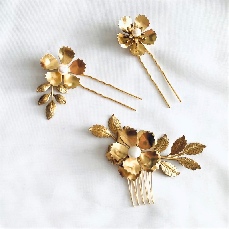 Brass flower hair comb and hairpin set - Hair Accessories - Copper & Brass Gold