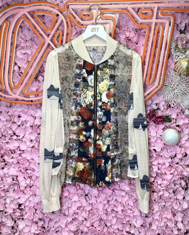 OTT only one-of-a-kind Japanese linen and Linen machine flower digital printing silk splicing zipper jacket - Women's Casual & Functional Jackets - Cotton & Hemp Multicolor