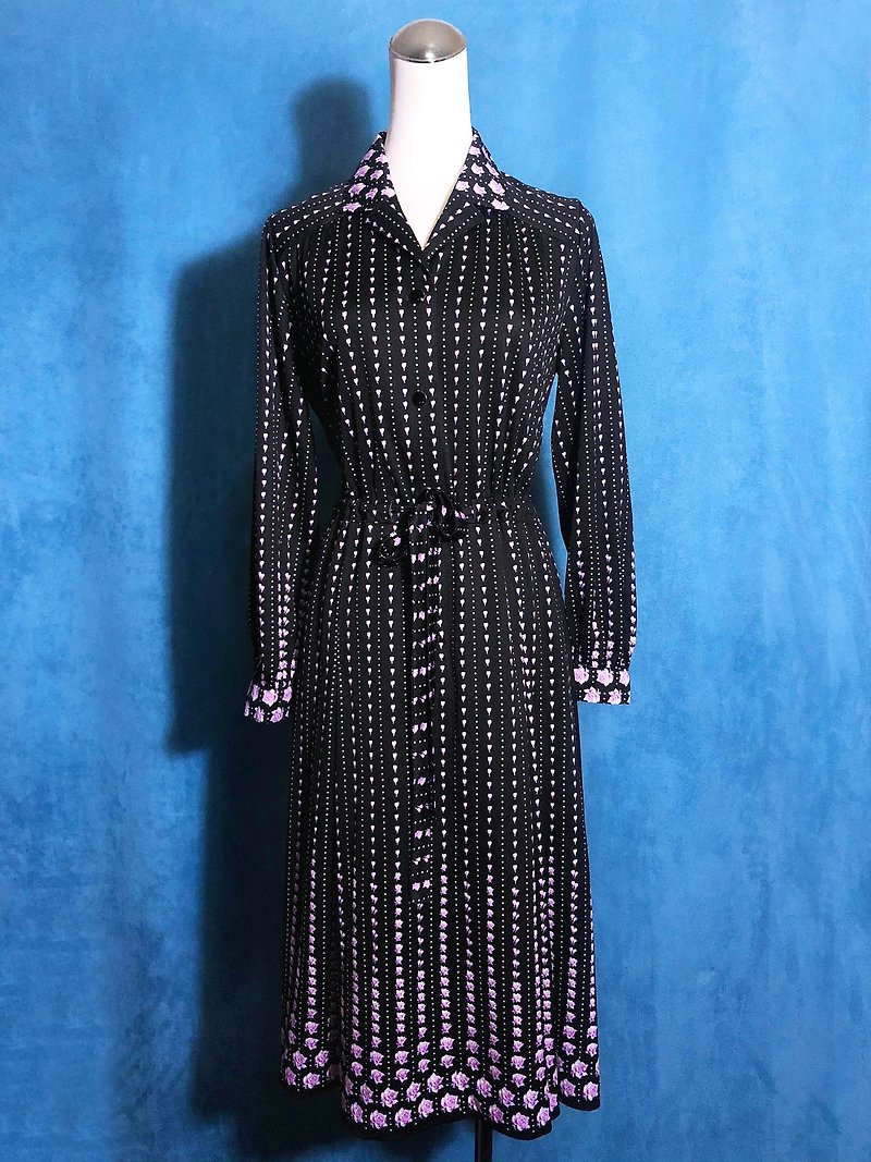 Gradation Flower Long Sleeve Vintage Dress / Bring VINTAGE abroad - One Piece Dresses - Polyester Black
