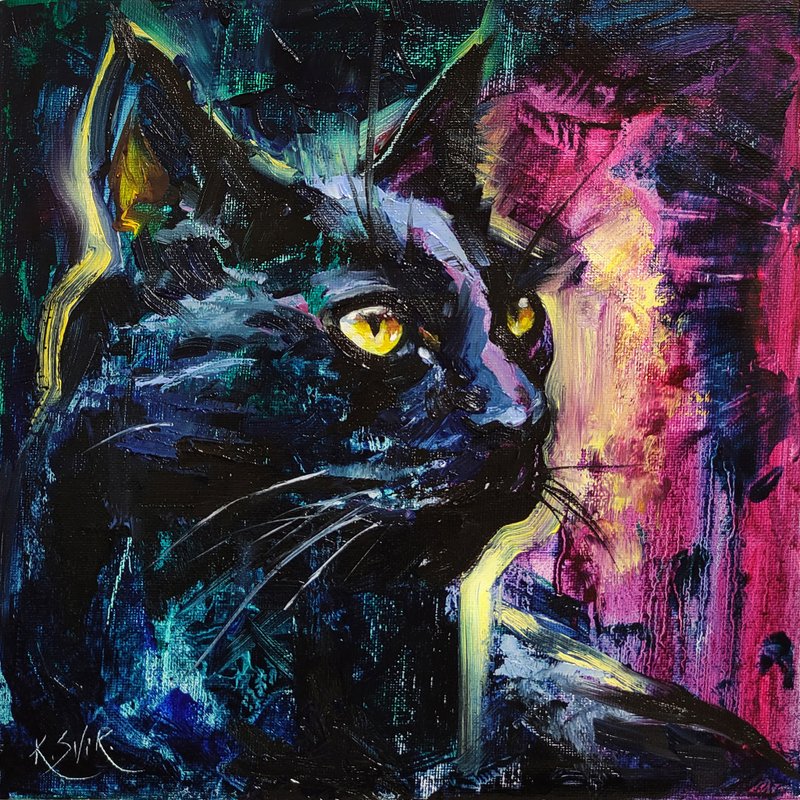Cat Painting Animal Original Art Black Cat Painting Oil Wall Art Small Artwork - 海報/掛畫/掛布 - 其他材質 多色