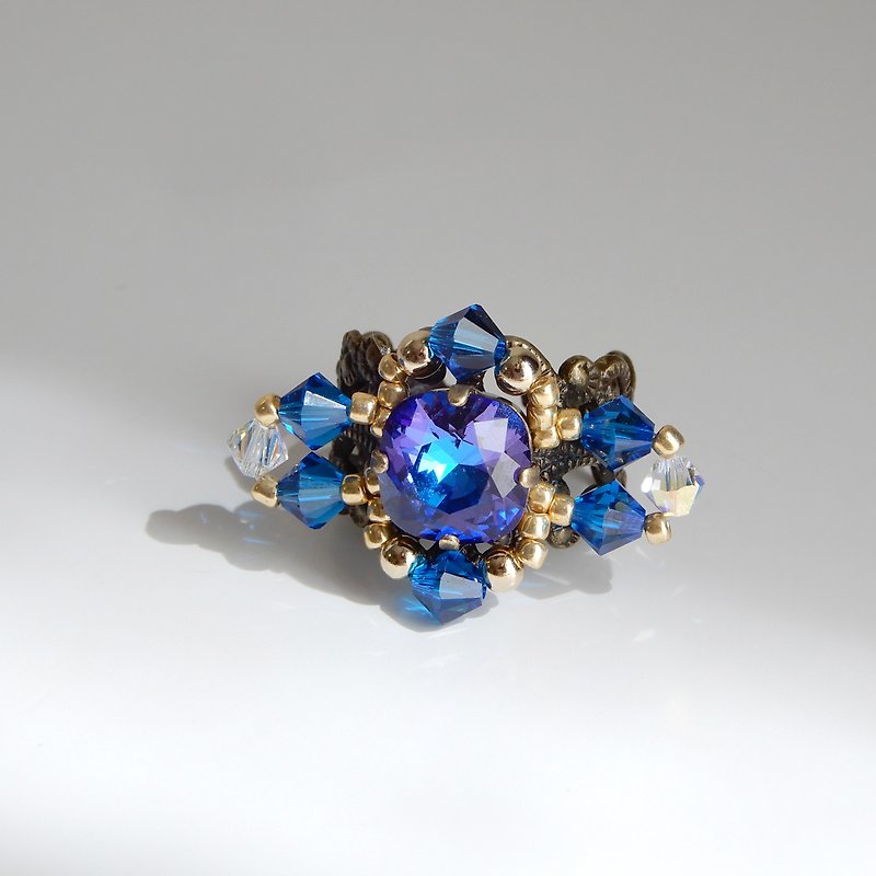 Blue purple large bead ring using rare crystal stone crystaldropsring0001 - General Rings - Glass Blue