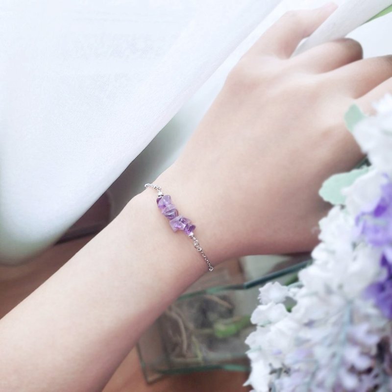 purple rhyme. Amethyst raw stone white steel handmade bracelet is not afraid of water change color - สร้อยข้อมือ - สแตนเลส สีม่วง