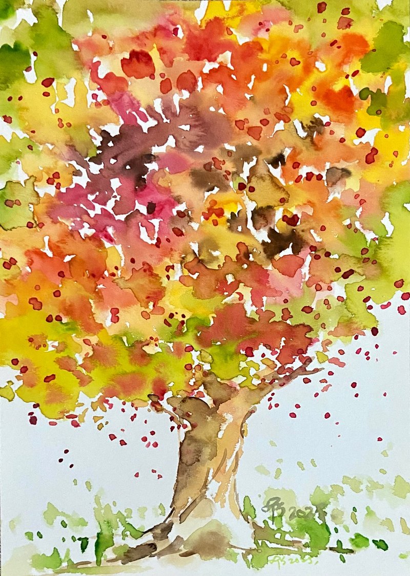 生命の樹シリーズ - 紅葉 (21x15cm) 水彩画 / フレームなし原画 - 置物 - 紙 ホワイト