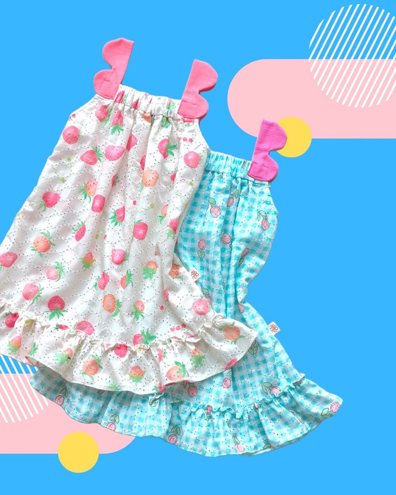 草莓 - 鬱金香刺繡棉質可愛連身裙和扇貝肩帶 2-9 歲 - 男/女童禮服 - 棉．麻 多色