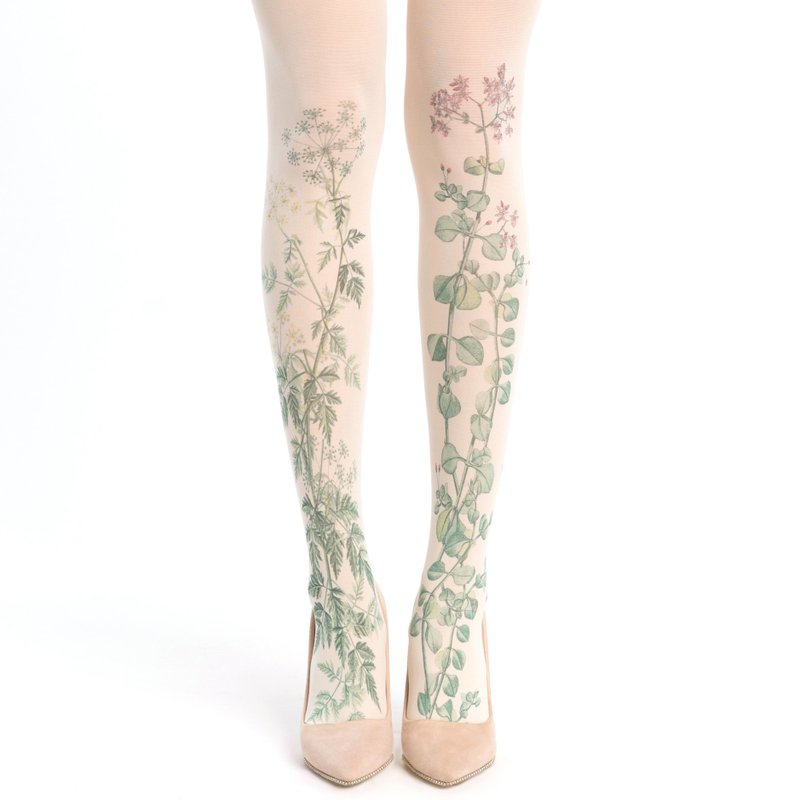 Green meadow tights with wild flowers, nature lover spring summer girl outfit - 內搭褲/緊身褲 - 尼龍 白色