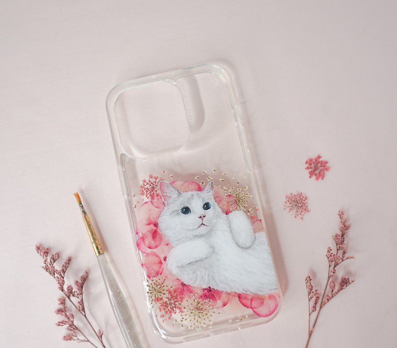 Tailor-made Hand-drawn Pet Pressed Flower Phone Case | Ragdoll, Cat - เคส/ซองมือถือ - พืช/ดอกไม้ สึชมพู