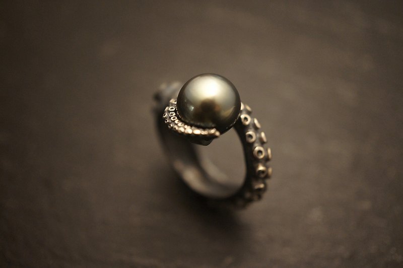925 純銀Tahitian珍珠八爪魚戒指 (R71) - 戒指 - 純銀 黑色