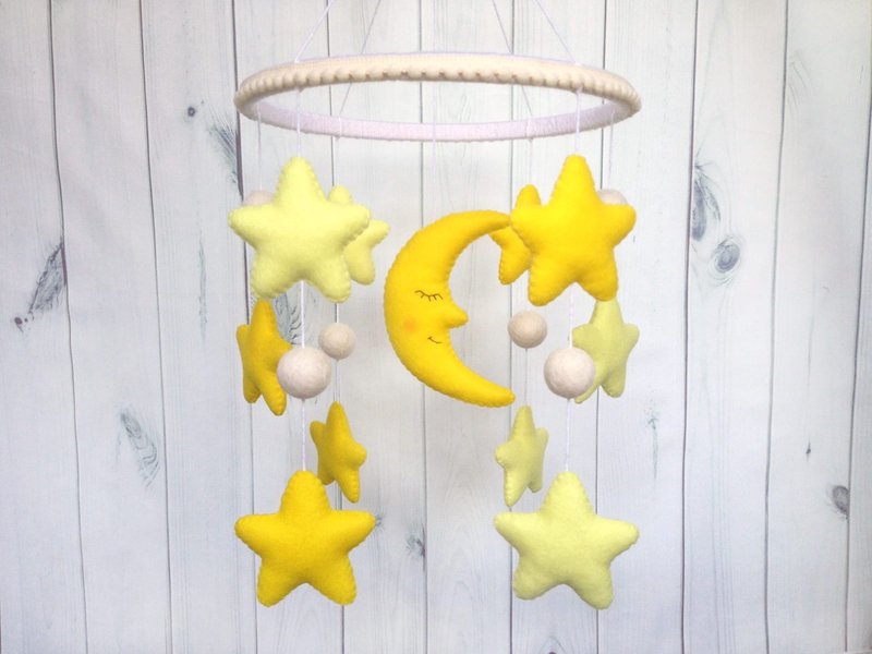 Star Moon Baby Mobile, Felt Crib Decor Nursery, Cot Mobile, Pom Pom Felt Balls - Kids' Toys - Eco-Friendly Materials Yellow