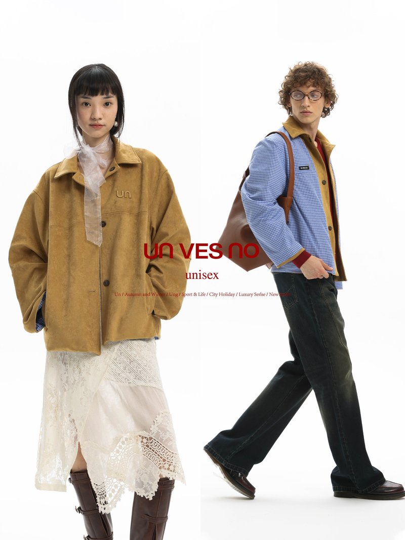 【雙面穿】Unvesno(UN) 重磅老錢風麂皮絨格子立體繡翻領夾克外套 - 男夾克/外套 - 其他材質 