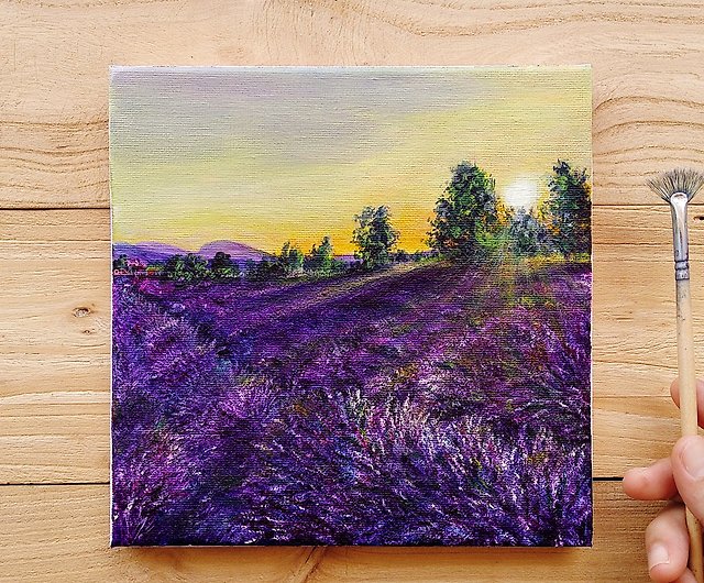 【ラベンダーサンライズ】オリジナルアクリル画。紫の花のフィールドの風景です。