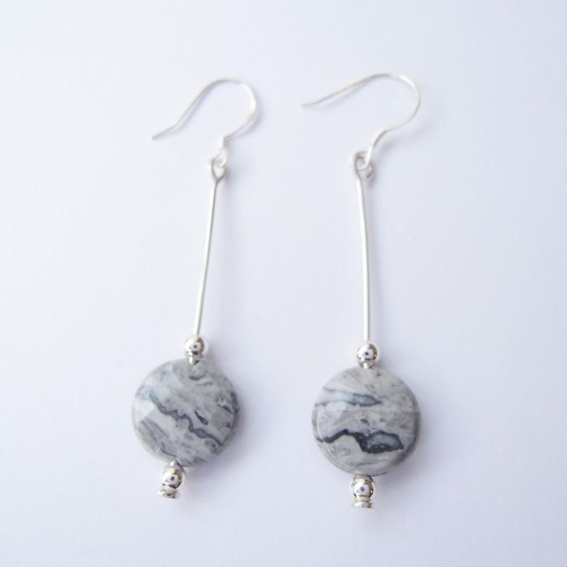 Map round stone 925 silver earrings 2 - ต่างหู - โลหะ สีเทา
