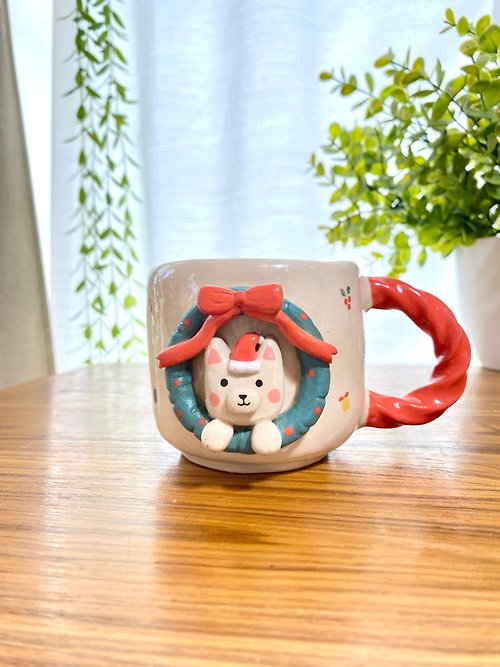 cher’s pottery Handmade ceramic mug with Christmas cat pattern. Christmas ceramic mug