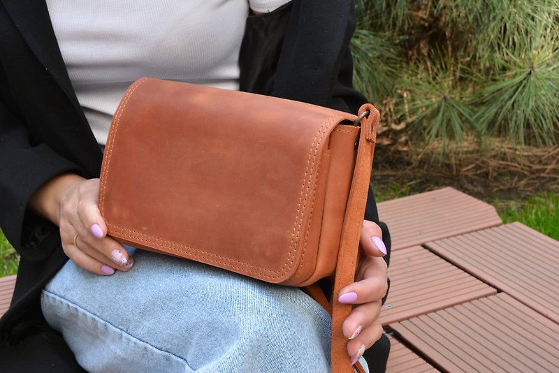 genuine leather crossbody bag, leather handbag, gift for woman, handmade bag - Handbags & Totes - Genuine Leather Orange