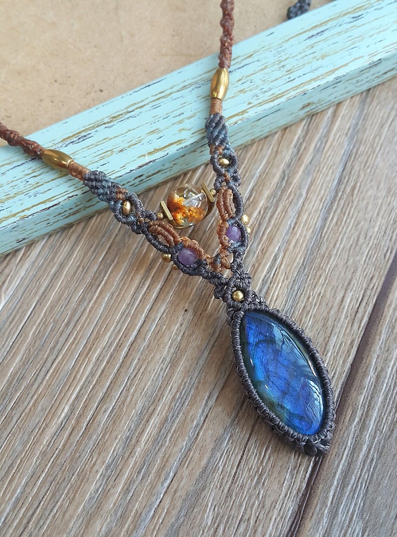 N143 Bohemian Ethnic South American Wax Line Woven Labradorite Beaded Ghost Bead Necklace - Necklaces - Other Materials Brown