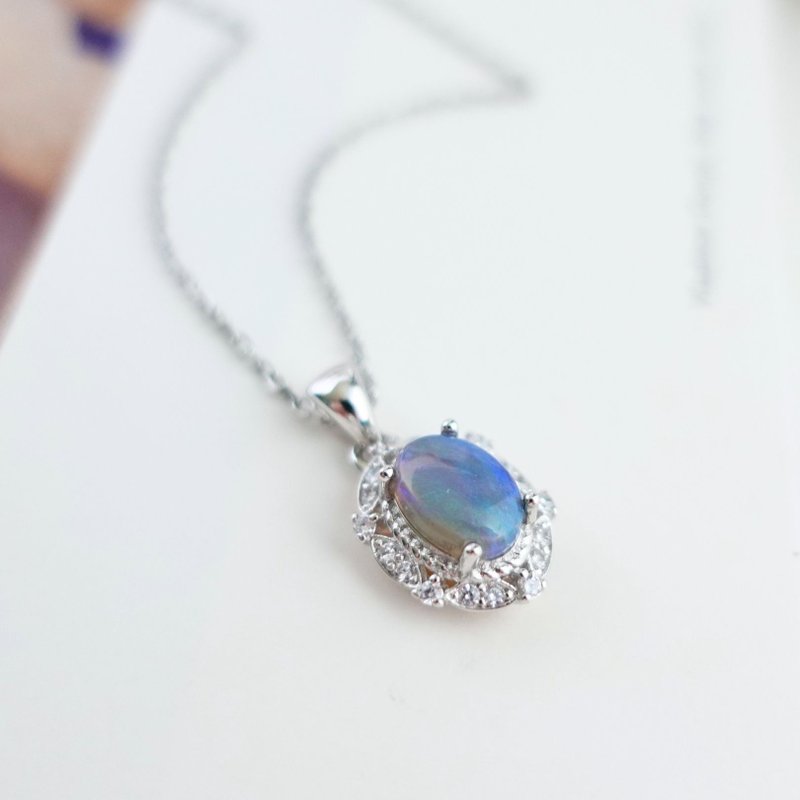 Natural Australian opal raw ore rare Teal luster palace style design sterling silver necklace gift - สร้อยคอ - เงินแท้ หลากหลายสี