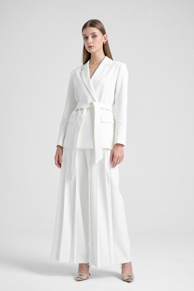 經典雙排扣西裝外套 附腰帶 - 白 - 女西裝外套 - 聚酯纖維 白色