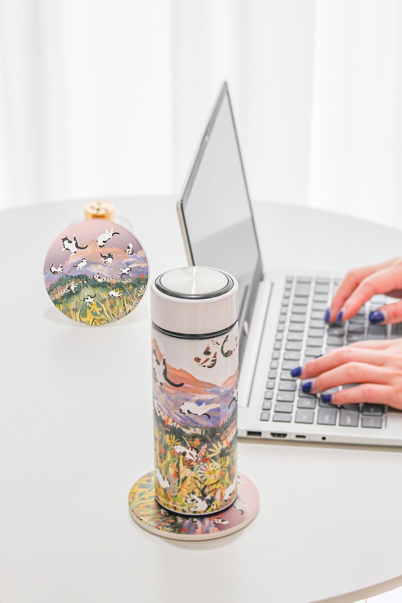Yogis Cat and Flower Vacuum Bottle Gift Set (Vacuum Bottle and Ceramic Coaster) - Vacuum Flasks - Stainless Steel Multicolor