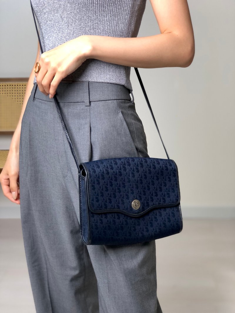 [Direct from Japan, branded used bag] Christian Dior Trotter shoulder bag, navy, logo, jacquard xnnhfs - Messenger Bags & Sling Bags - Cotton & Hemp Blue