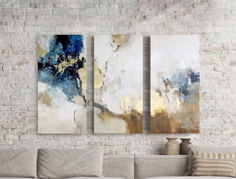 Blue Abstract Painting | Triptych Blue Wall Art Abstract | Avalanche 4 Triptych - 壁貼/牆壁裝飾 - 棉．麻 藍色