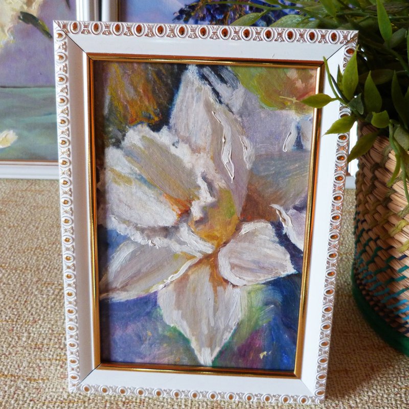 White flower oil painting - original floral art - small painting - framed art - 海報/掛畫/掛布 - 其他金屬 白色
