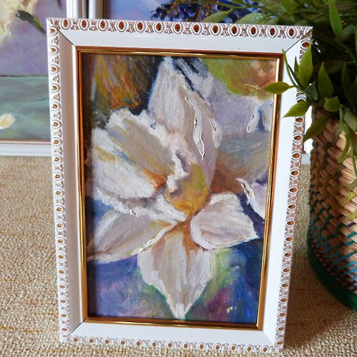 Fenggallery White flower oil painting - original floral art - small painting - framed art