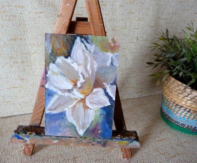 白い花の油絵 - オリジナルの花のアート - 小さな絵画 - 額入りアート
