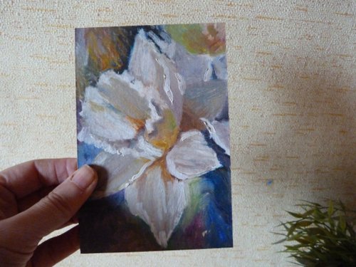 油絵 絵画【白い花】 白い花の油絵 - オリジナルの花のアート - 小さな絵画 - 額入りアート