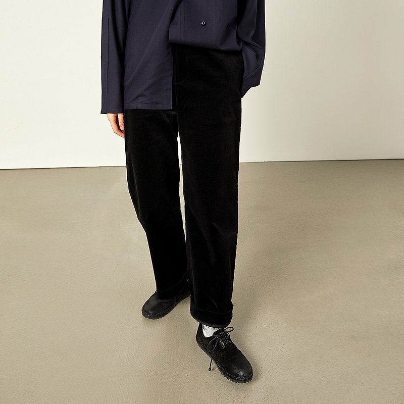 Thick texture black corduroy slim pocket long trousers Gaoguo GAOGUO original designer women's clothing - กางเกงขายาว - ผ้าฝ้าย/ผ้าลินิน สีดำ