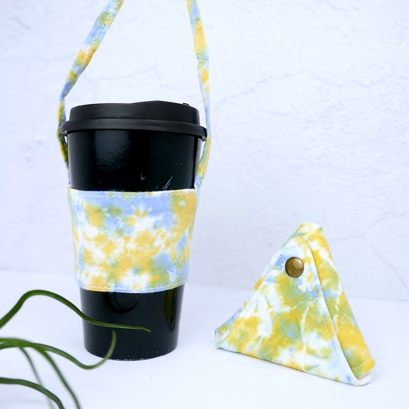 Xmas gifts package Tie dye Triangular Coin Case + Reusable Coffee Sleeve - ถุงใส่กระติกนำ้ - ผ้าฝ้าย/ผ้าลินิน สีเหลือง