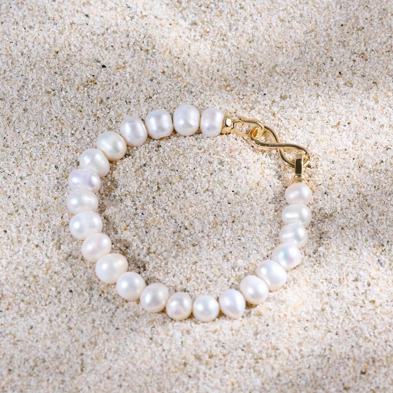 天然白色淡水珍珠手鍊 7–8mm 金色無限符號扣 精緻簡約 生日禮物 - 手鍊/手環 - 珍珠 白色