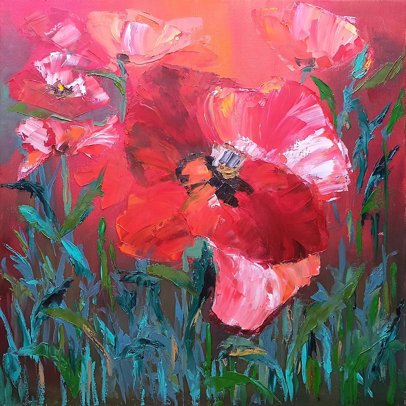 Poppy Painting Flowers Original Artwork Wildflowers Wall Art  Meadow Floral Art - Posters - Other Materials Red