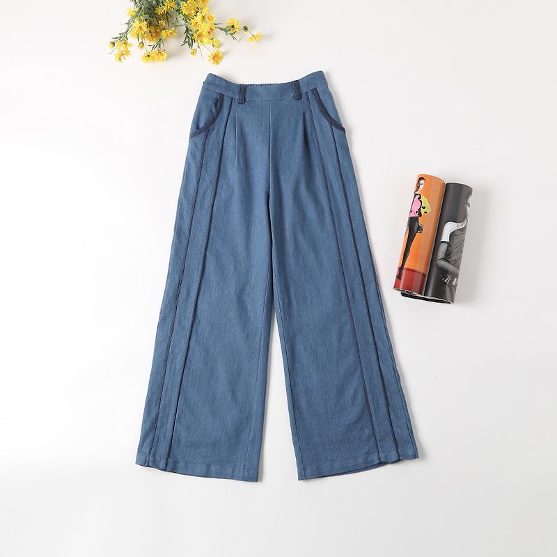 Color Block Piped Wide-Leg Jeans | Light Blue | Micro-stretch - กางเกงขายาว - ผ้าฝ้าย/ผ้าลินิน สีน้ำเงิน
