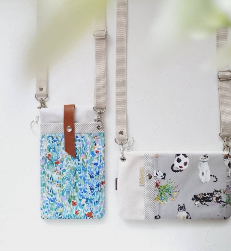 Upgraded version! [FPH/3Way mobile phone bag (can be straight or horizontal)] Blue wisteria flower sea cat and bouquet - Messenger Bags & Sling Bags - Cotton & Hemp Blue